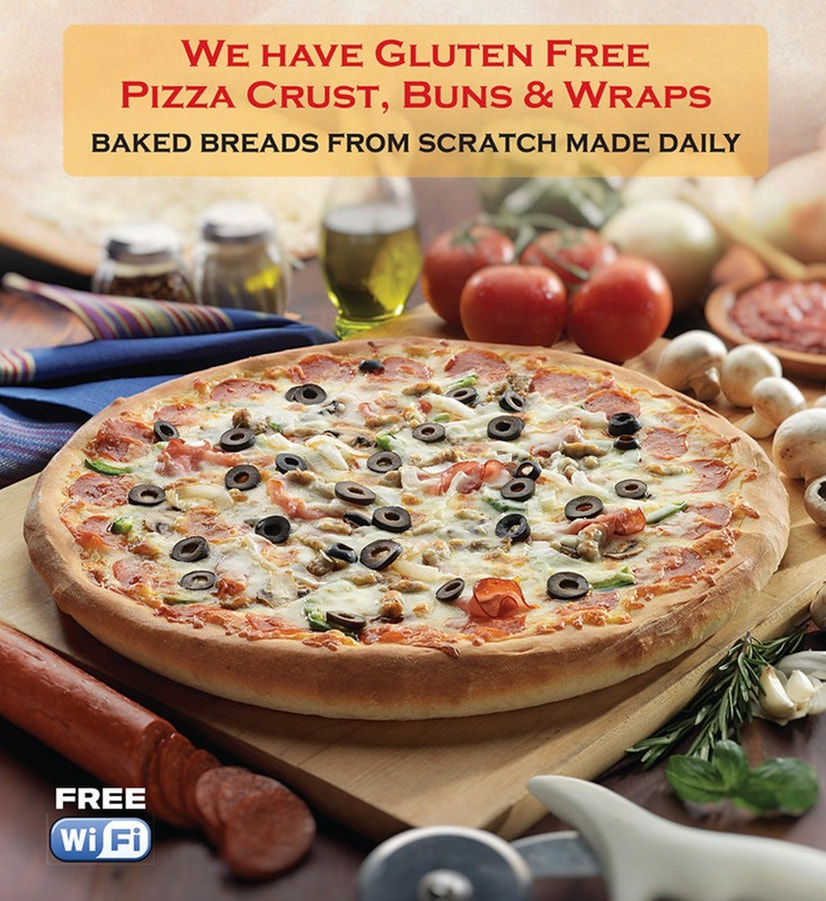 WE HAVE GLUTEN FREE PIZZA CRUST, BUNS & WRAPS BAKED BREADS FROM SCRATCH MADE DAILY  ;  FREE Wi Fi